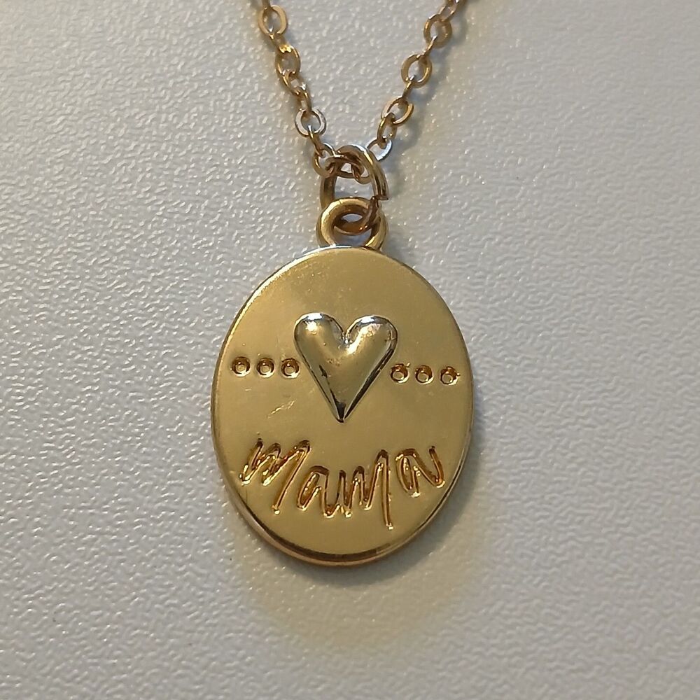 Gold Tone Mama Heart Oval Pendant Delicate Chain Necklace
